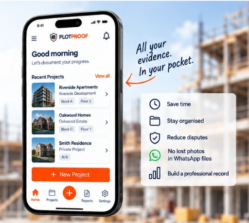 Plotproof mobile application interface on construction site with key benefits